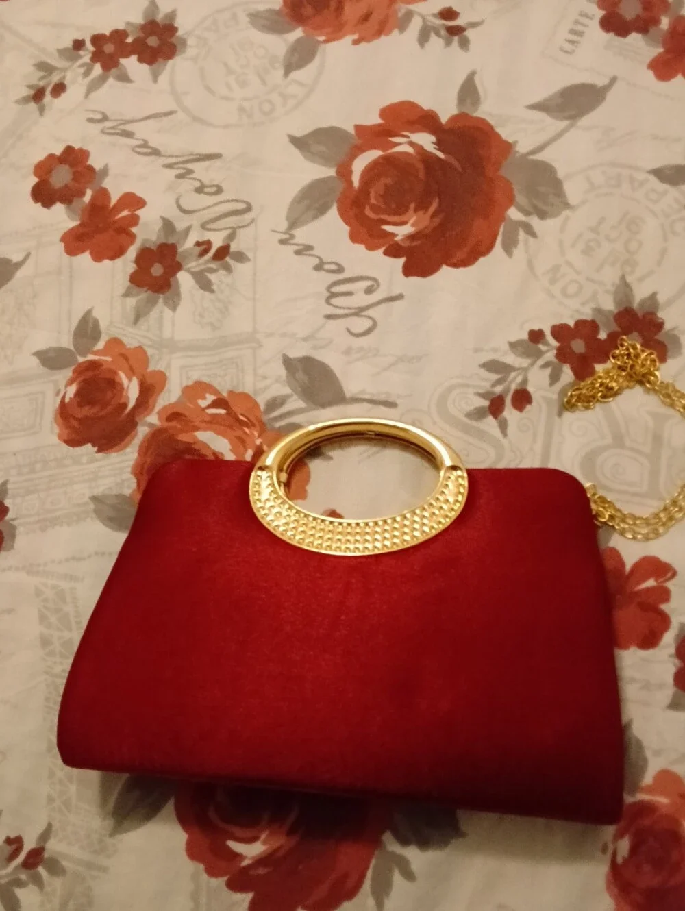 Red Velvet Clutch with Gold Circular Handle